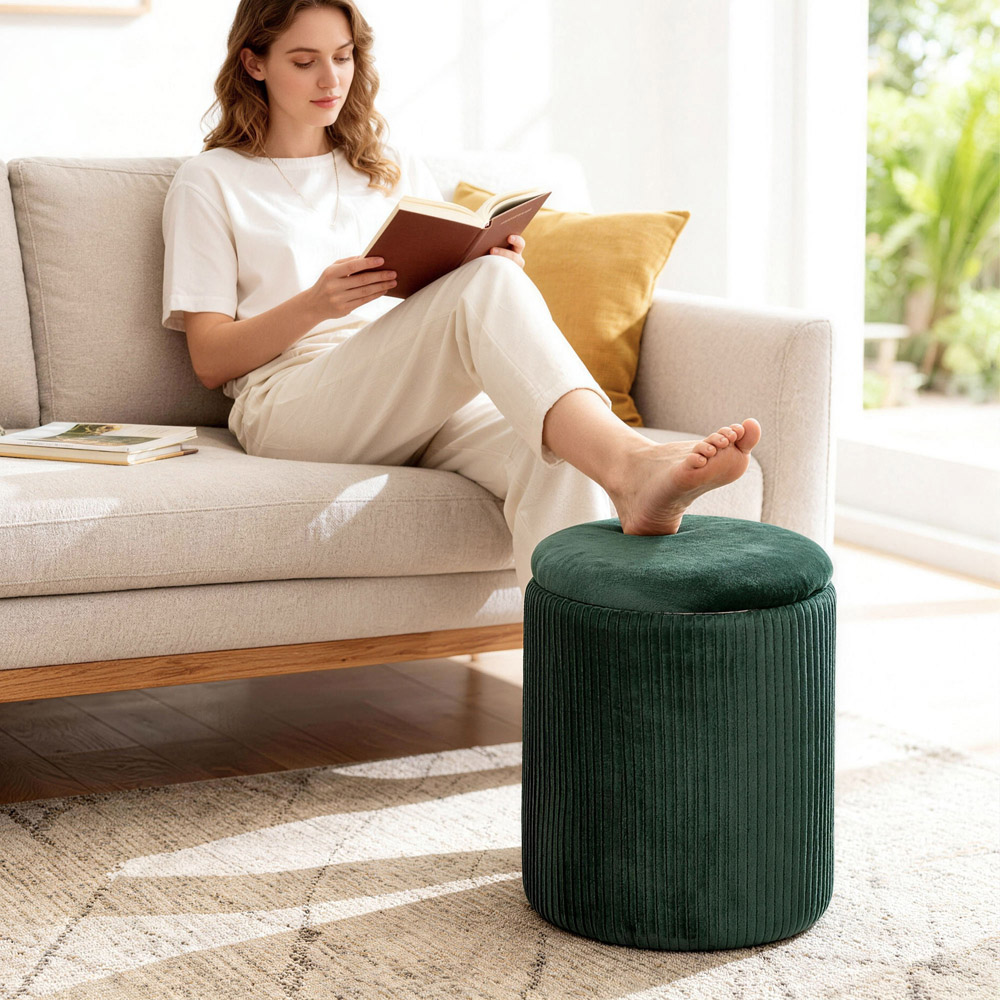 Portland Dark Green Round Storage Ottoman with Removable Top Image 4