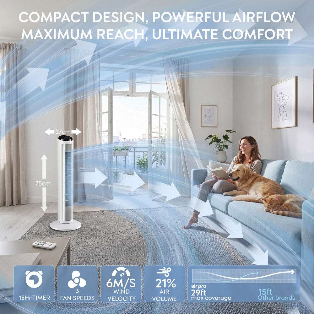 Air Pro White SmartVoice Control Oscillating Bladeless Tower Fan with Remote 30 inch Image 9