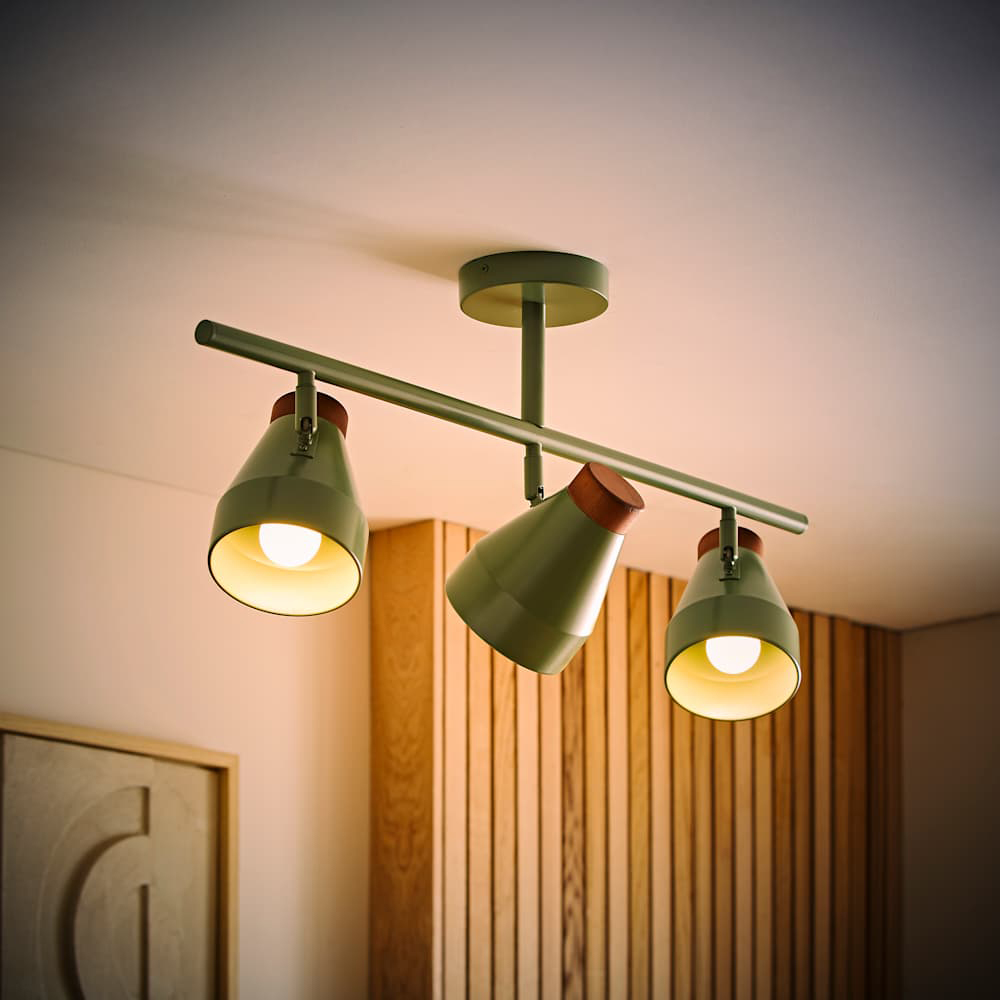 ValueLights Parker 3 Way Green and Walnut Ceiling Light and Bulbs Image 2