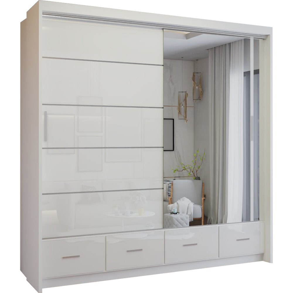M N Furniture Seliyaa 2 Door 4 Drawer White High Gloss Sliding Door Wardrobe 203cm Image 2