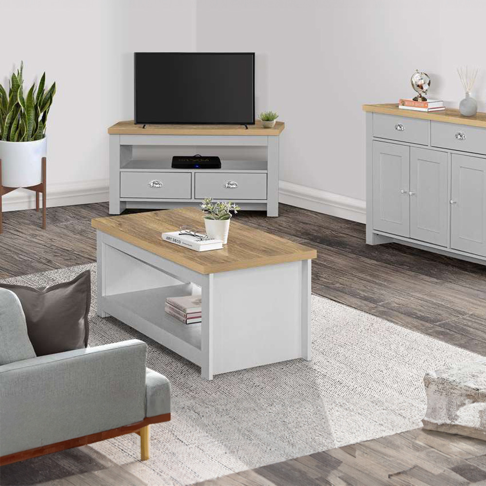 Highgate 2 Drawer Grey and Oak Corner TV Unit Image 6
