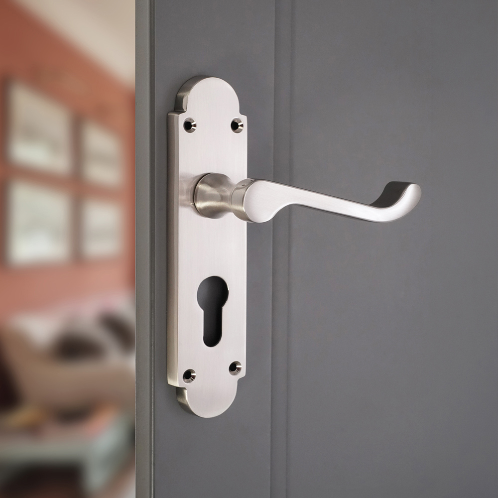 Spira Brass Oakley Satin Nickel Lever on Backplate Door Handle with Euro Keyhole 2 Pack Image 2