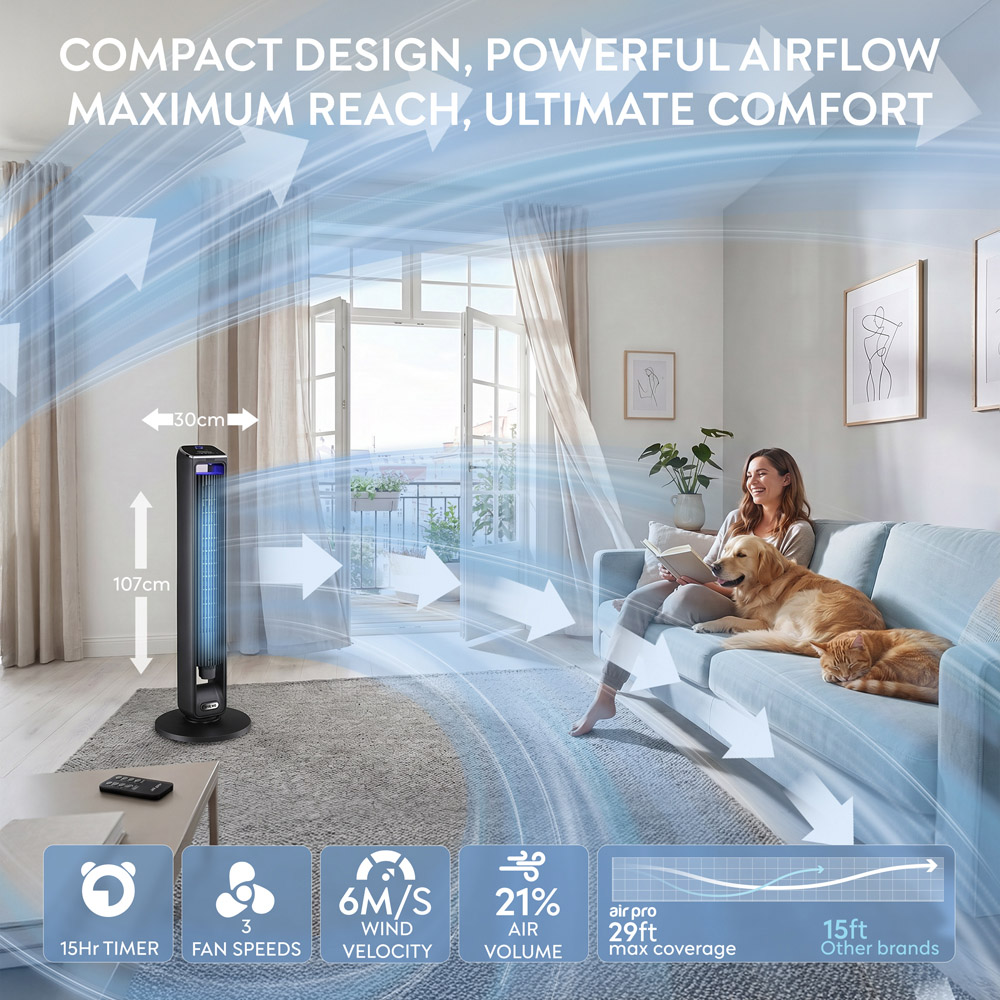 Air Pro Black SmartVoice Control Oscillating Bladeless Tower Fan with Remote and Built-in Aroma Box 42 inch Image 9