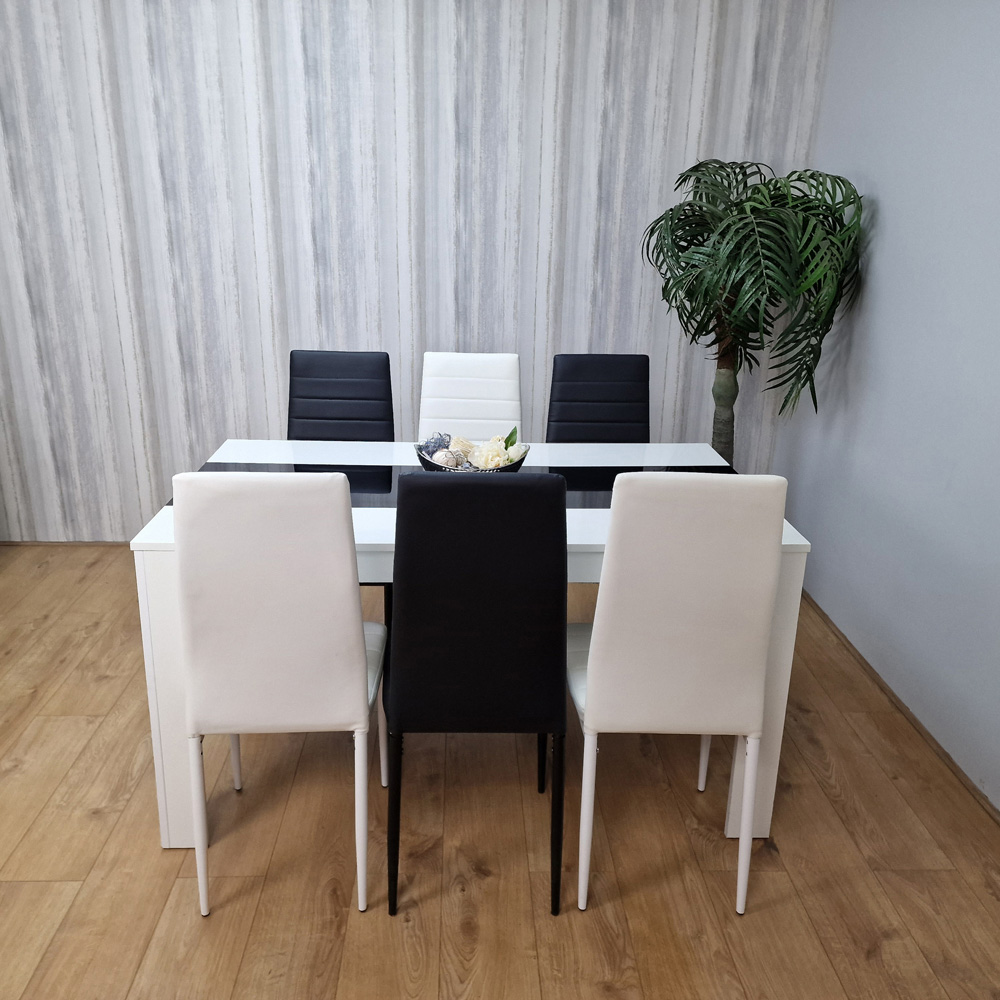 Portland Leather and Wood 6 Seater Dining Set Black and White Image 3