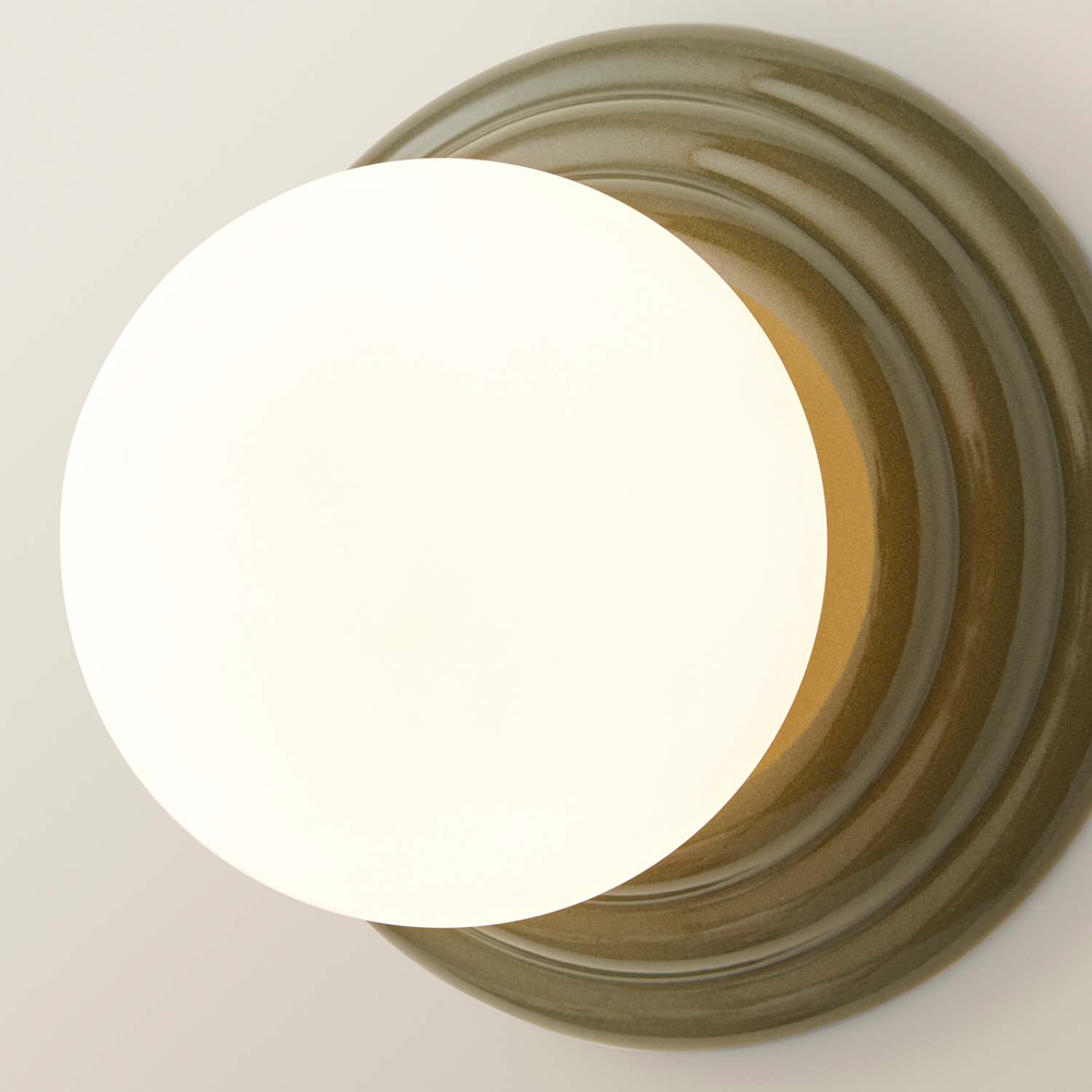 ValueLights Rue Frosted Glass Shade Olive Ribbed Ceramic Base Flush Wall Light with Bulb Image 4