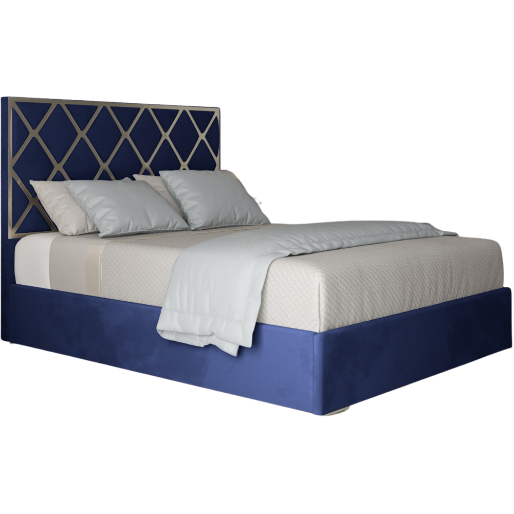 Tammy Double Blue Soft Velvet Upholstered Metal Bed Frame with Panelled Headboard Image 2
