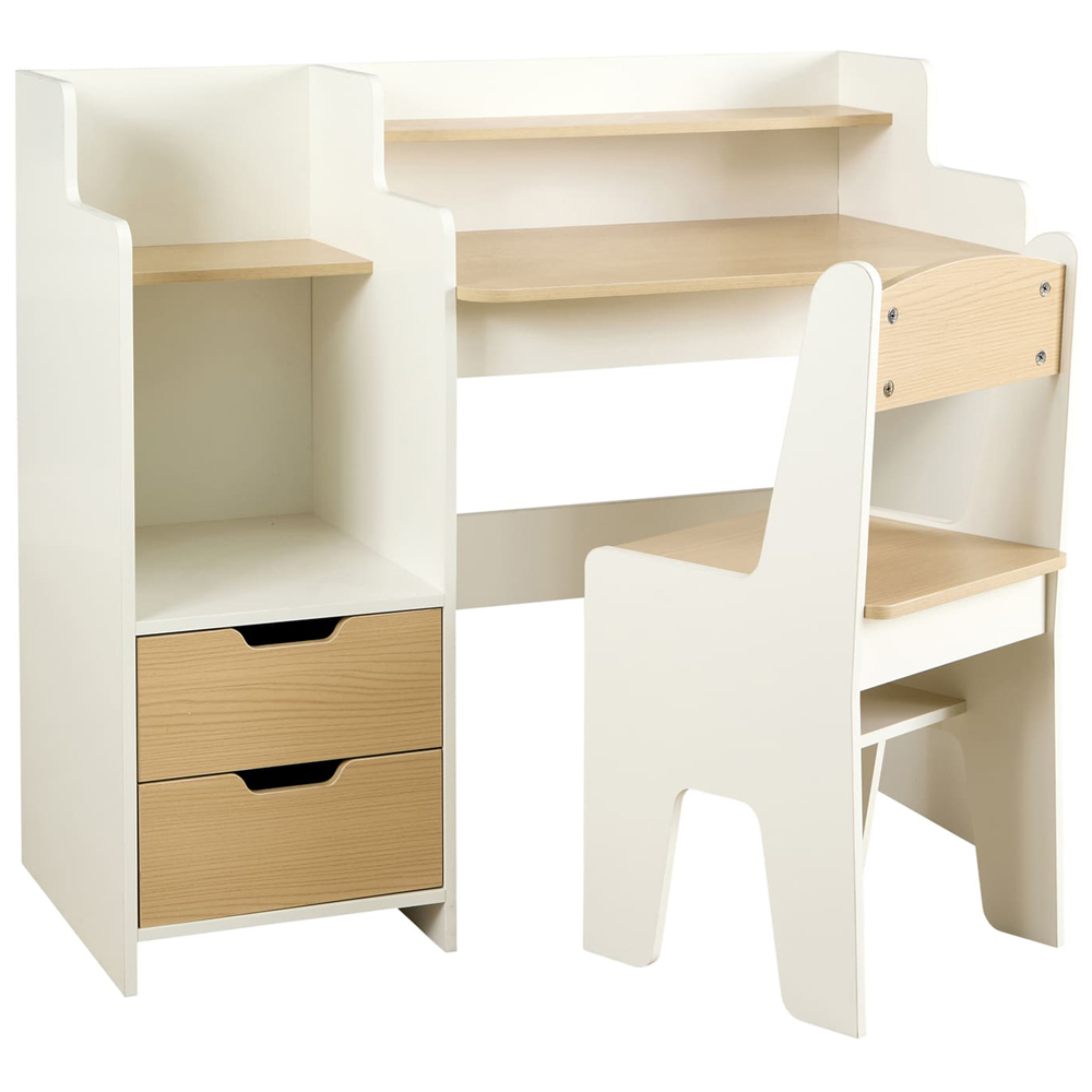 Home Source Scribbly 2 Drawer 3 Shelf White and Wood Effect Kids Study Desk Set Image 2
