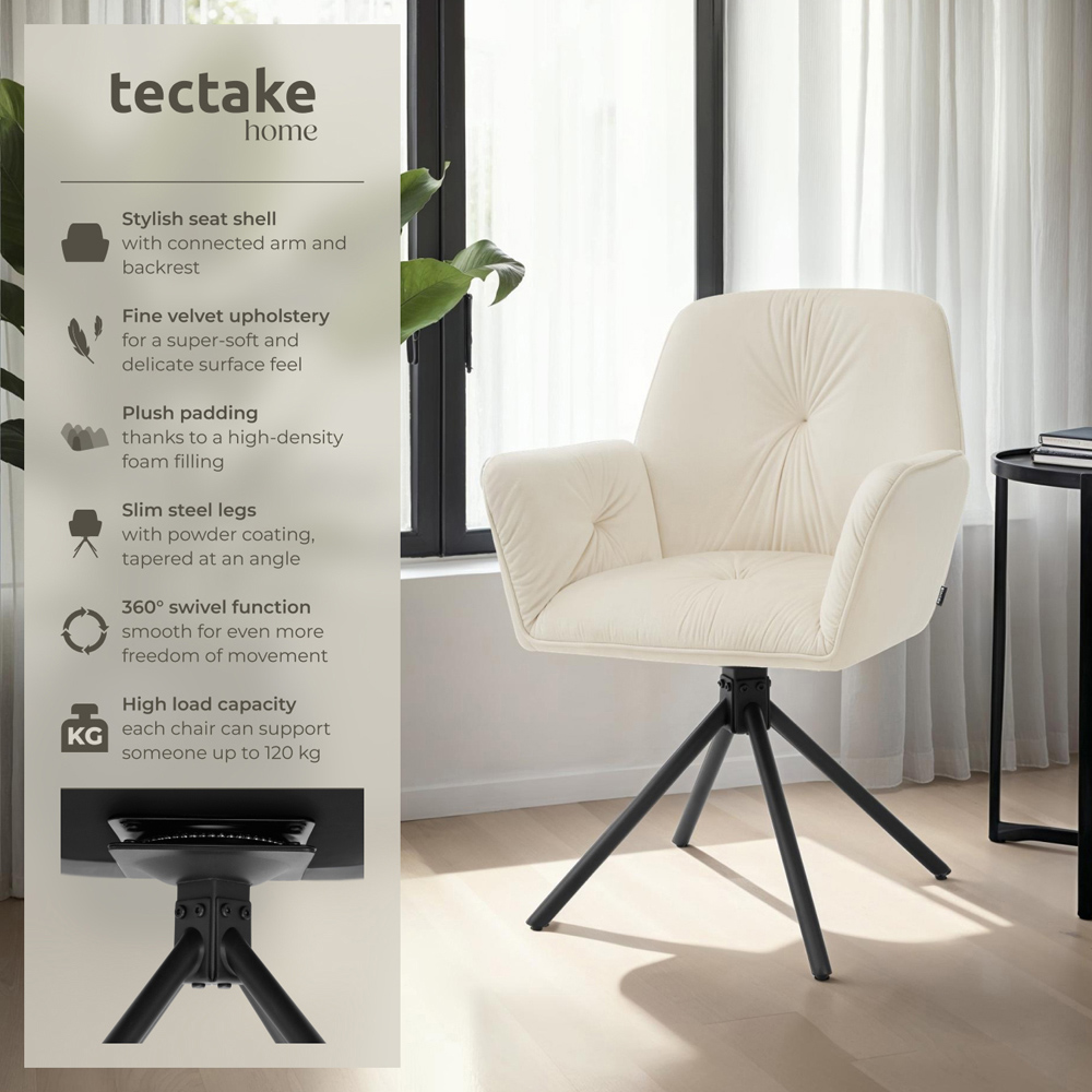 tectake Lenia Set of 6 Cream and Black Velvet Swivel Chair Image 3