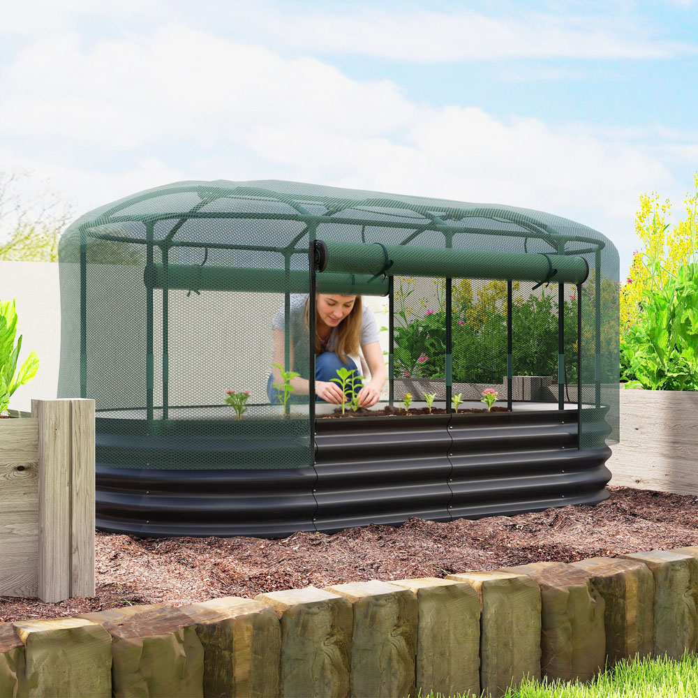 Outsunny Grey Self Watering Oval Raised Garden Bed with Mesh Cover 180 x 90 x 93cm Image 4