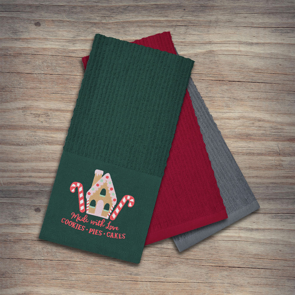 Noel Square Gingerbread House Green Tea Towel 3 Pack Image 2