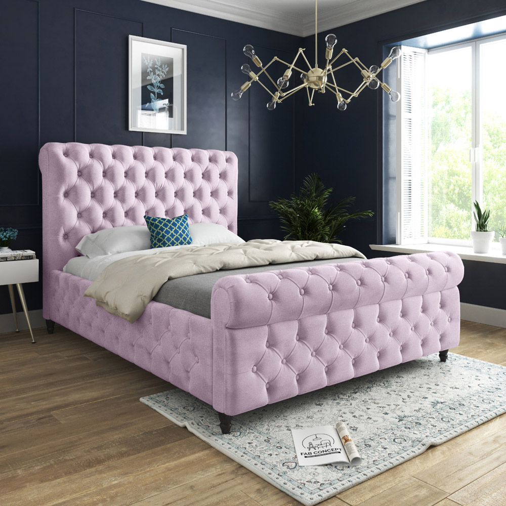 Savana Small Single Pink Soft Velvet Upholstered Sleigh Bed Frame with Scrolled Headboard Image 5