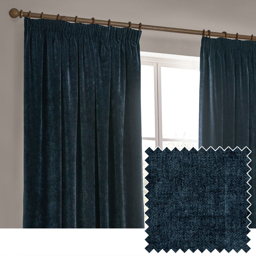 Yard Heavy Navy Chenille Velvet Pencil Pleat Curtains 117 x 183cm Image 4