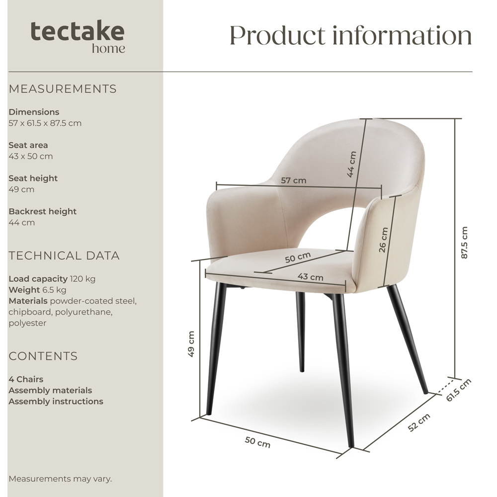 tectake Sasha Set of 4 Cream Velvet Dining Chair Image 9