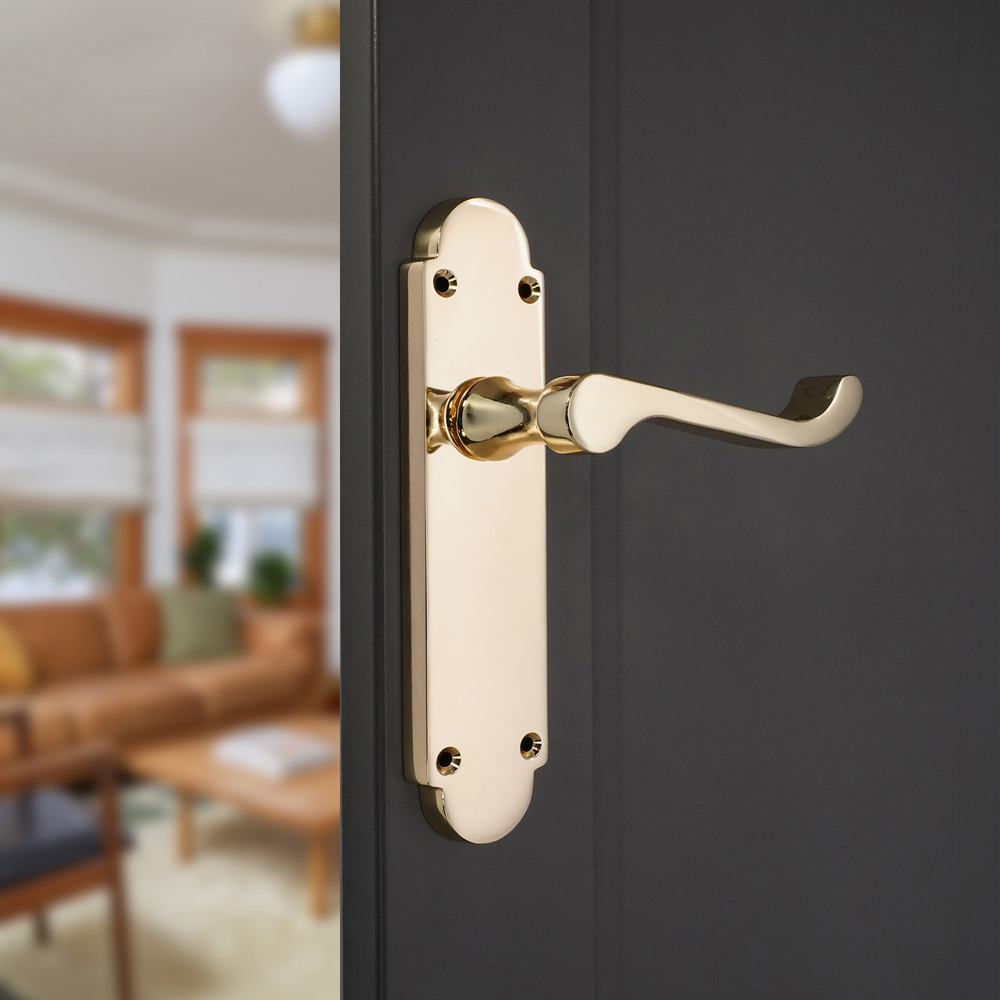 Spira Brass Oakley Polished Brass Lever on Backplate Door Handle with Latch 2 Pack Image 2