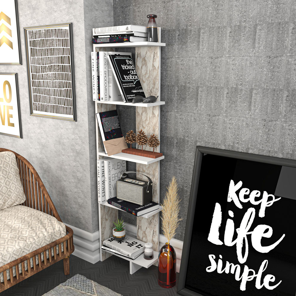 Decorotika Alis 5 Tier White Marble Effect and White Corner Bookcase Image 4