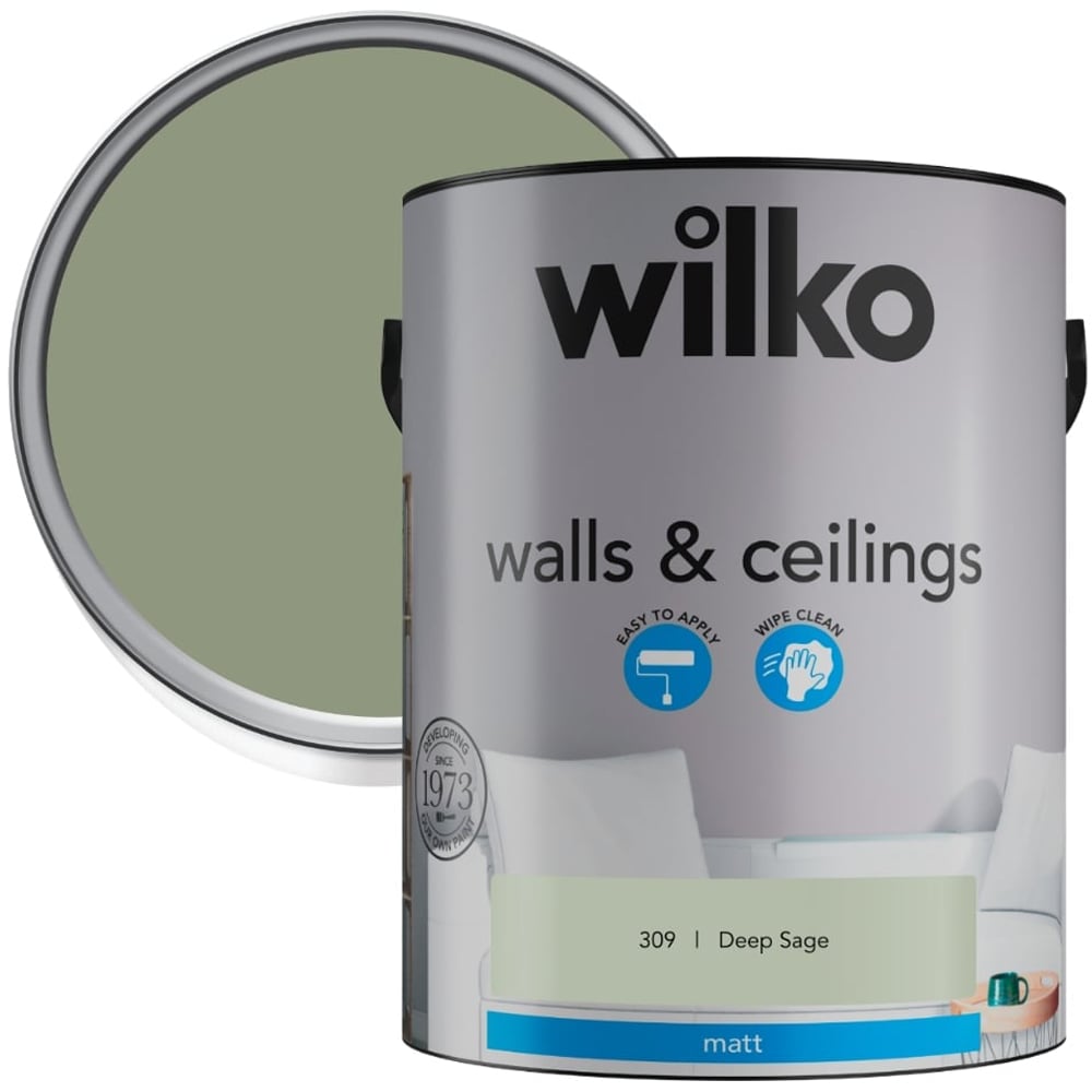Wilko Walls & Ceilings Deep Sage Matt Emulsion Paint 5L Image 1