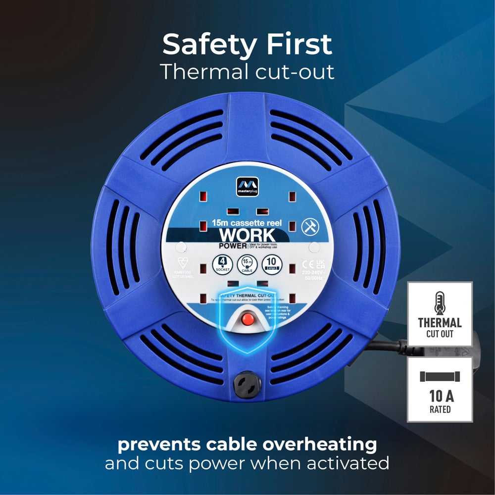 Masterplug Blue 10A 4 Socket Large Cassette Cable Reel 15m Image 5
