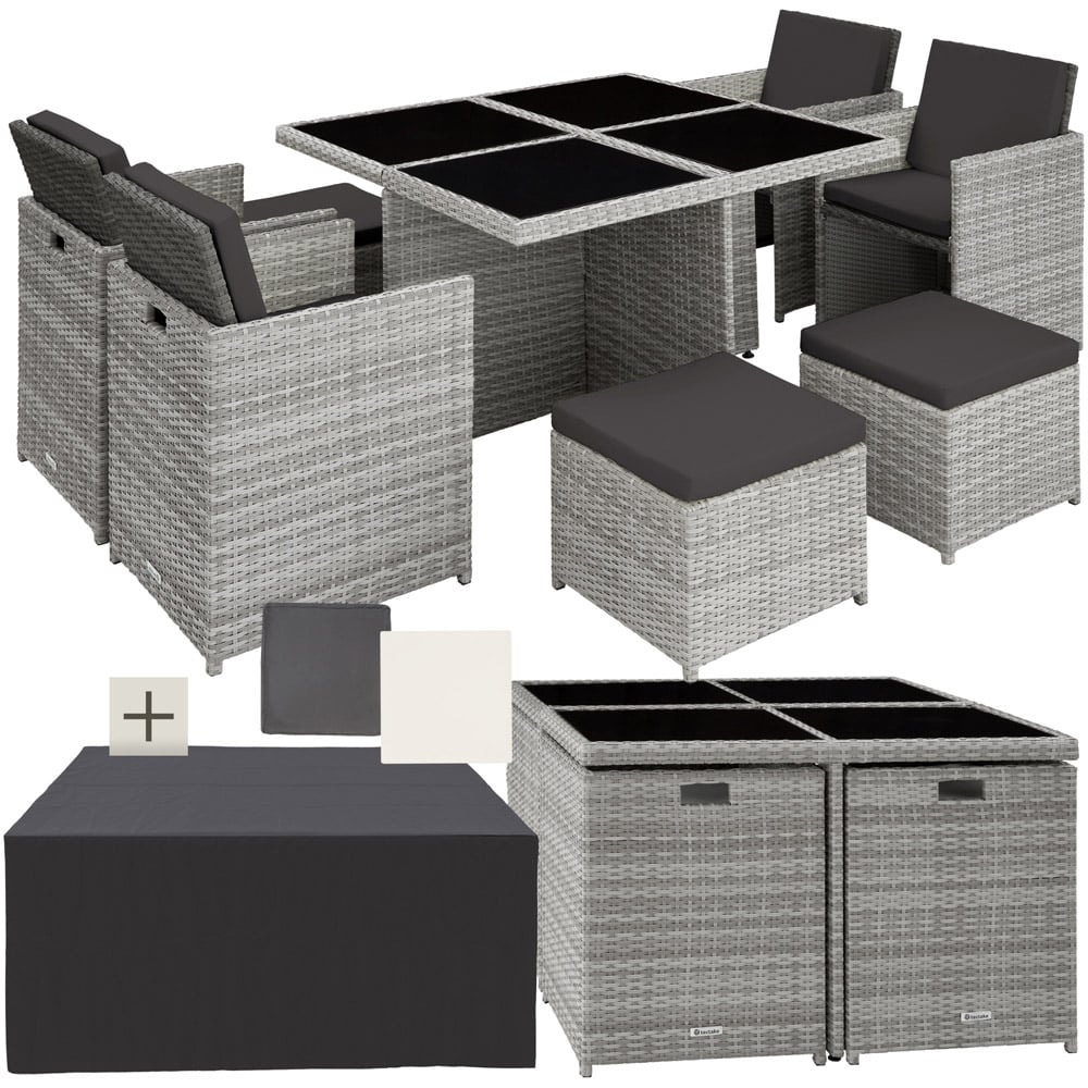tectake Manhattan 8 Seater Rattan Garden Dining Set Light Grey Image 2