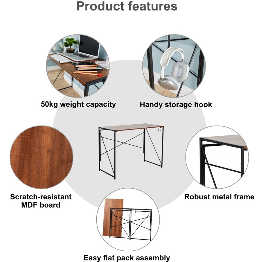 Home Source Brampton Folding Compact Desk with Hook Dark Oak Image 4