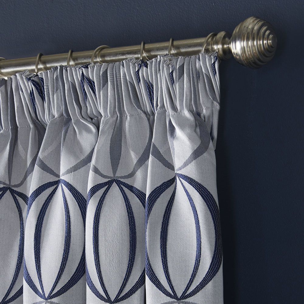 Alan Symonds Ome Navy Jacquard Lined Pencil Pleat Taped Top Curtains 117 x 183cm Image 2