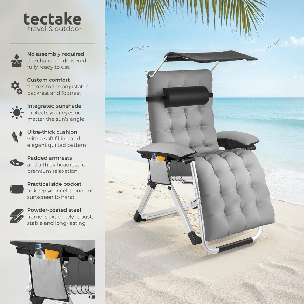 tectake Cirrus Light Grey Folding Plush Padding Sun Lounger with Sun Shade Image 6