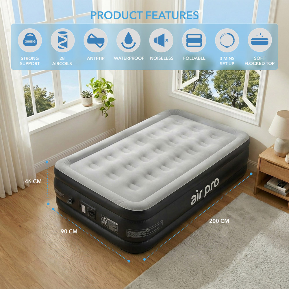 Air Pro Black Single Inflatable Air Mattress with Built-in Electric Pump and Repair Patch Image 9
