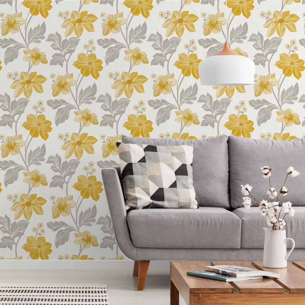 Grandeco Clametis Floral Trail Yellow Vinyl Wallpaper Image 2