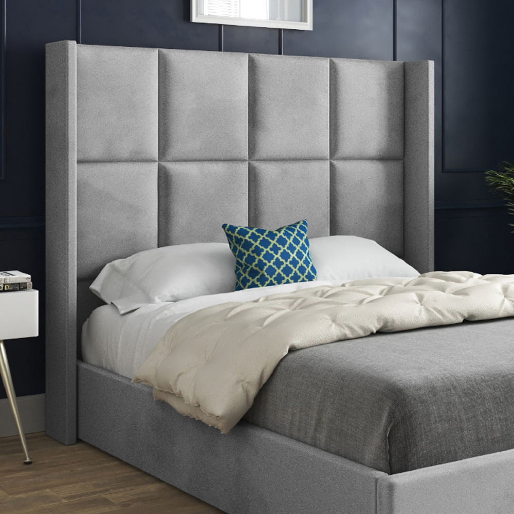 Quanta Double Grey Soft Velvet Upholstered Bed Frame with Straight Winged Headboard Image 3