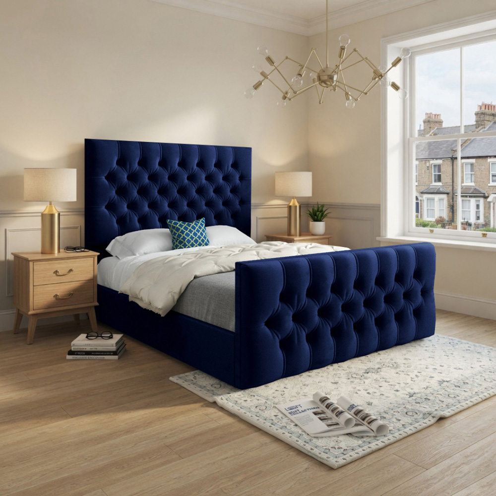 Novara Blue Small Double Velvet Upholstered Bed Frame with Pleated Chesterfield Headboard Image 5
