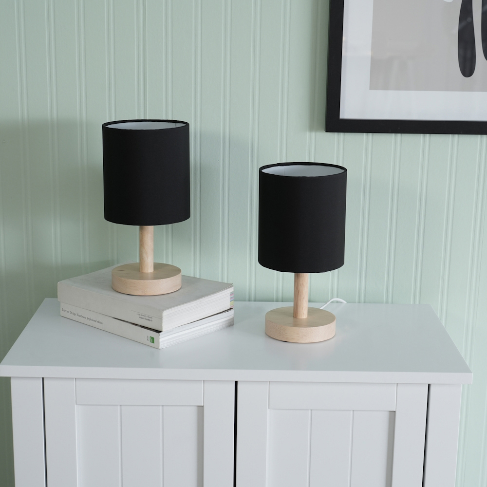 ValueLights Nelly 2 Pack Black Shade Wooden Base LED Bedside Table Lamp Image 3