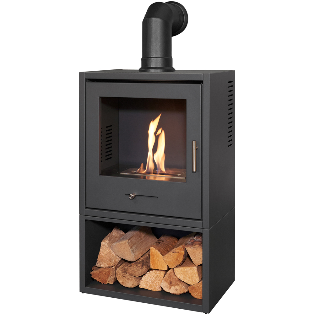 OKO S3 Charcoal Grey Bio Ethanol Stove with Log Storage and Angled Pipe Image 1