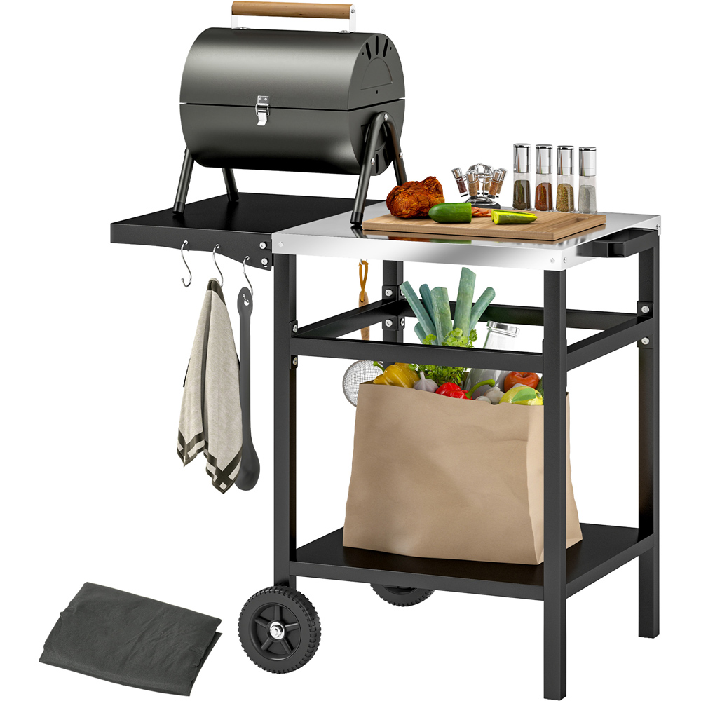 Outsunny Black Barbecue Trolley with Foldable Side Table Image 3