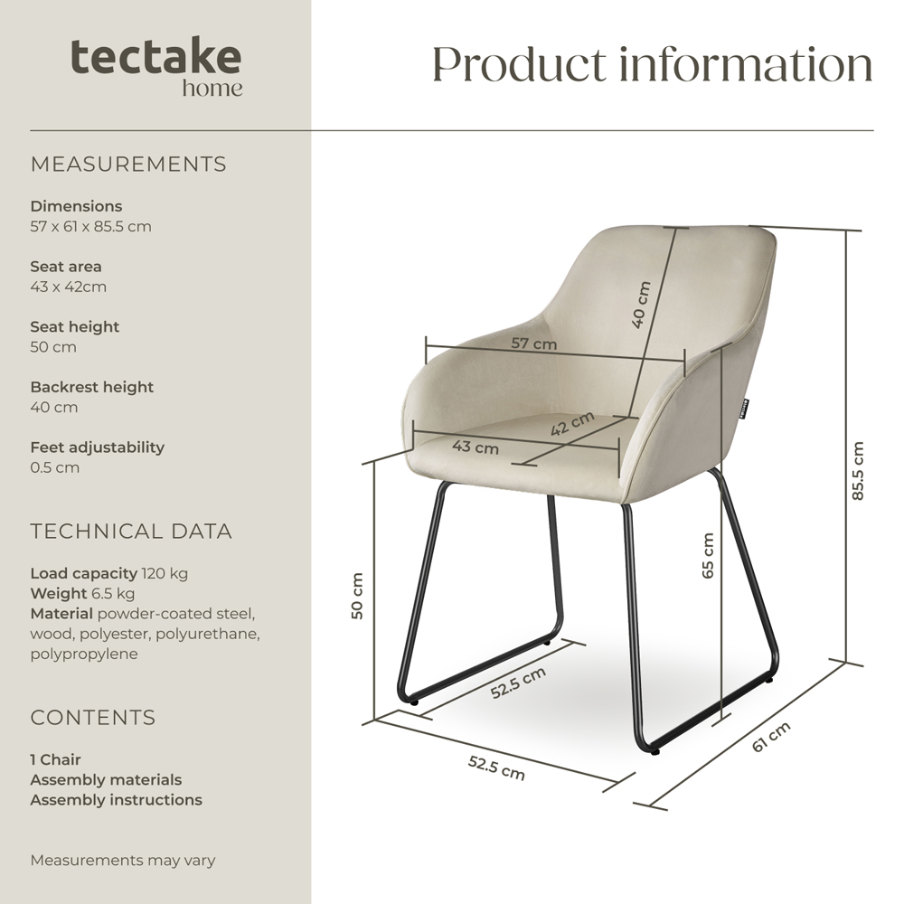 tectake Jeane Cream and Black Velvet Look Dining Chair Image 9