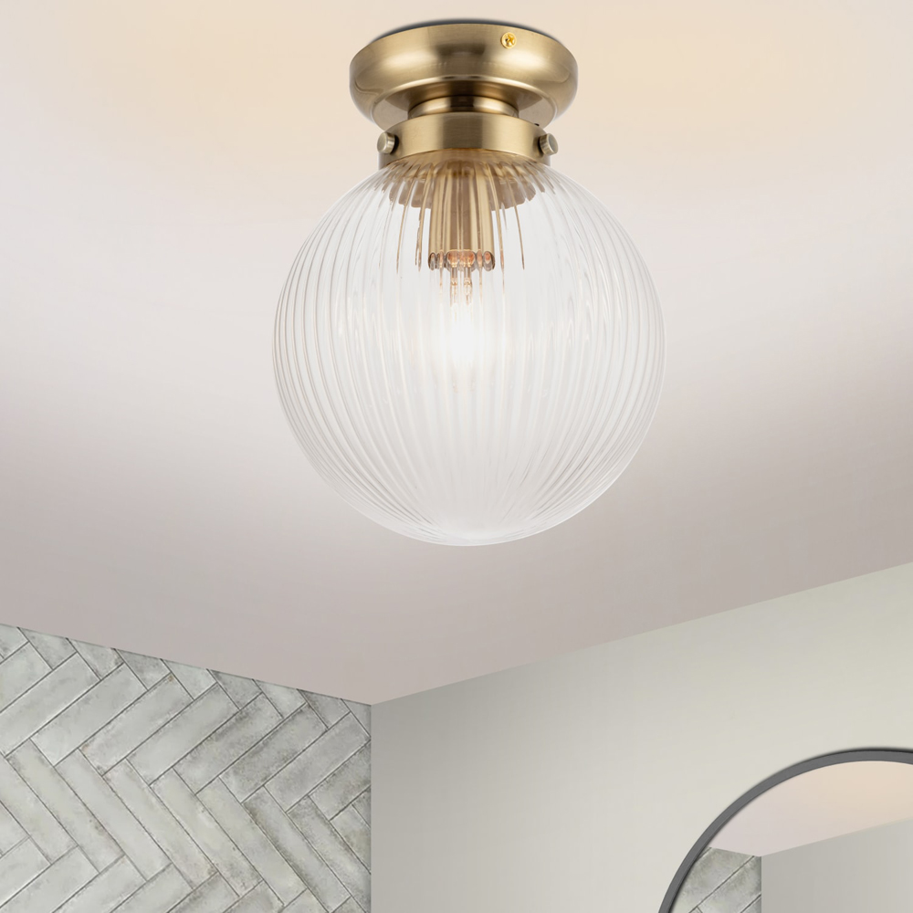Cosylyte Finley Antique Brass Ribbed Glass Ceiling Light Image 2