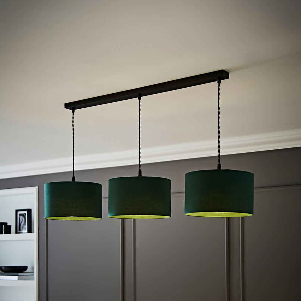ValueLights Reni Dark Green Drum Shade 3 Drop Bar Matte Black Diner LED Ceiling Light Image 2