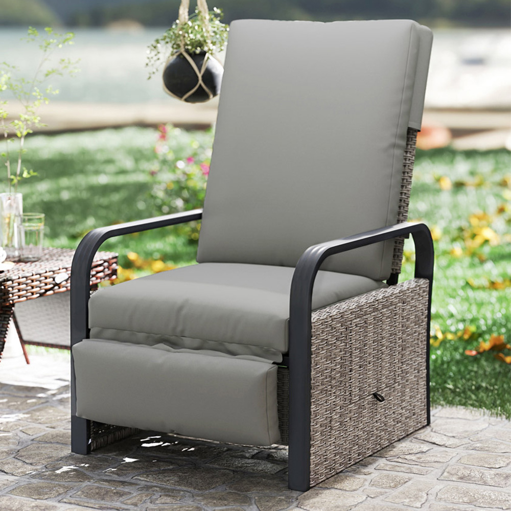Outsunny Grey Rattan Garden Recliner Chair Sun Lounger with Side Tray Image 1