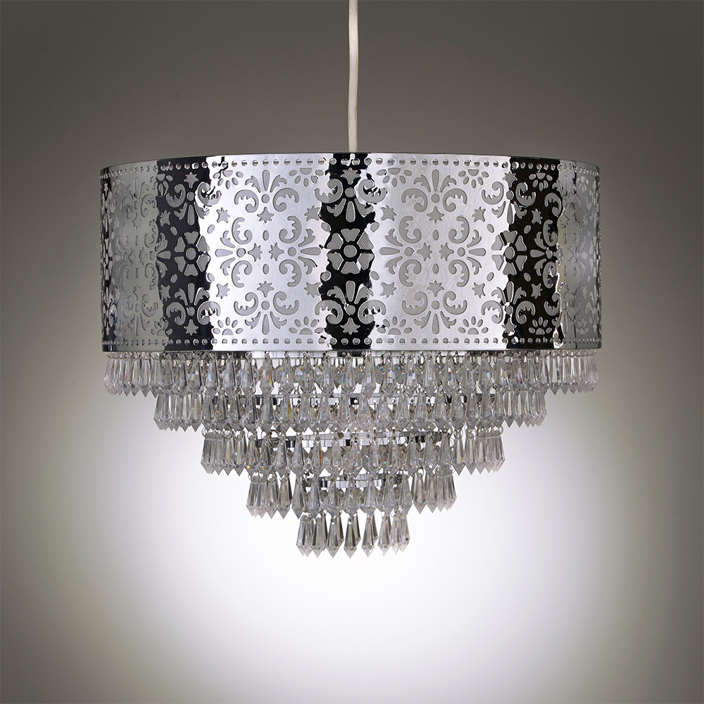Kliving Chrome Cutout Drum Shade Acrylic Clear Beaded Tiered Chandelier Pendant Light Image 3