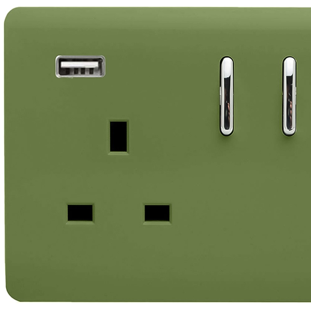 Trendi Switch 2 Gang 13amp 2 Port USB Moss Green Switched Plug Socket Image 2
