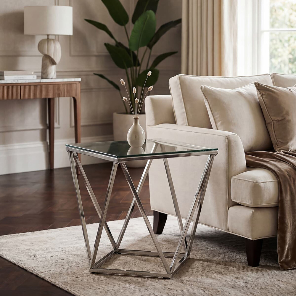 Premier Housewares Allure Silver Inverted Prism Twist Small End Table with Glass Top Image 5