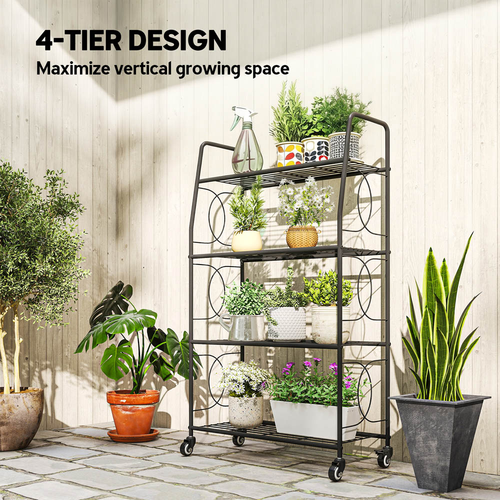 Outsunny 4 Shelf Metal Multipurpose Plant Stand with Lockable Wheels Image 7