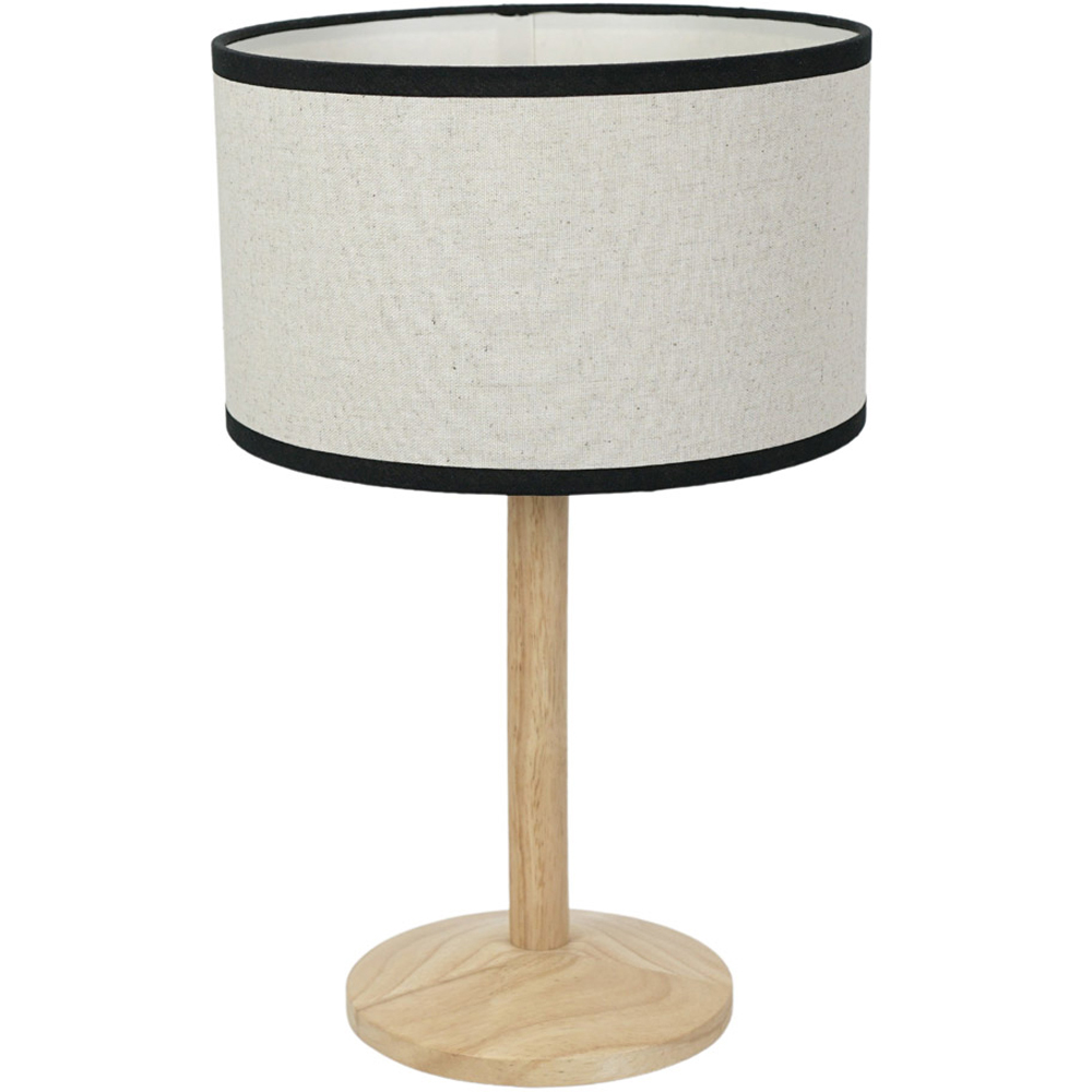 ValueLights Triston Linen Black Edge Drum Shade Natural Light Wood Stem LED Table Lamp Image 1