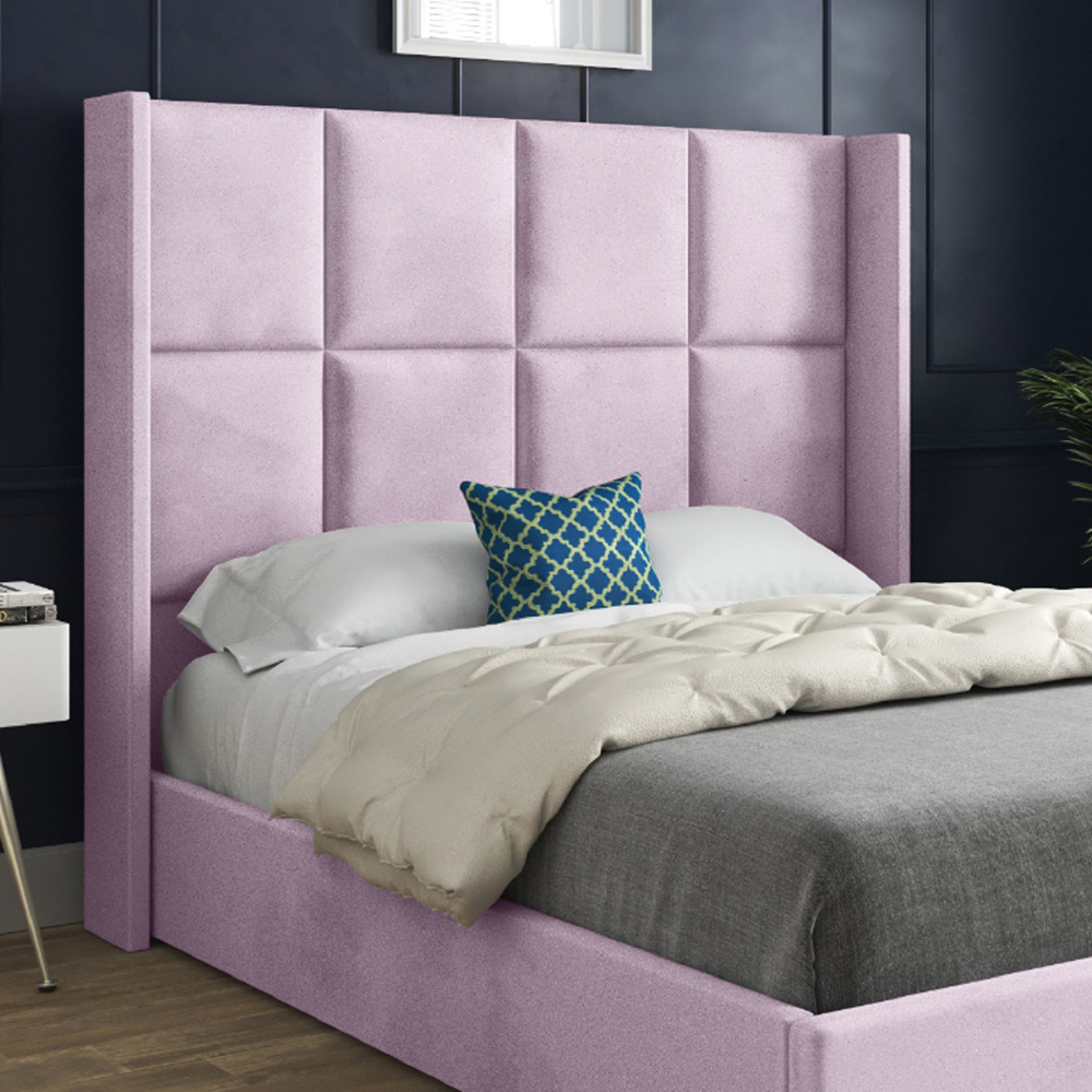 Quanta Small Single Pink Soft Velvet Upholstered Bed Frame with Straight Winged Headboard Image 3