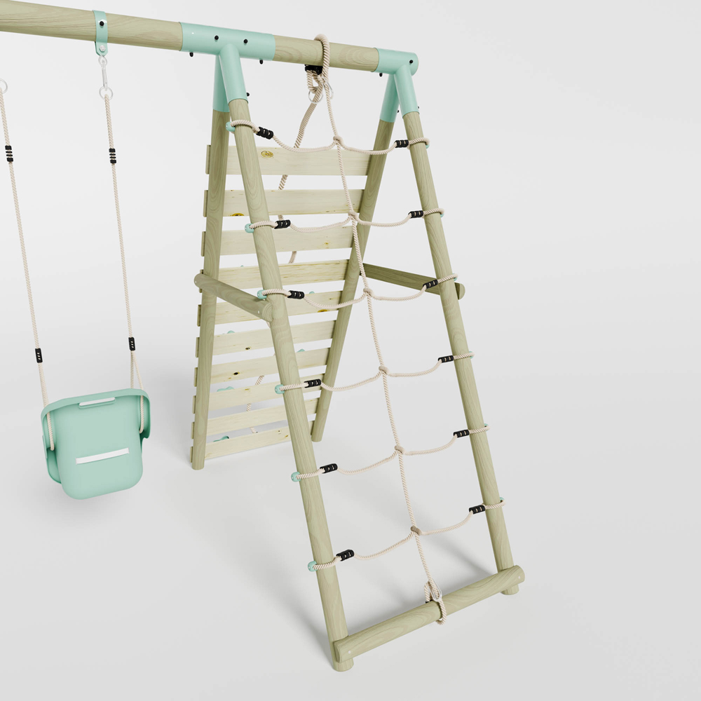 Mercia Wooden Round Pole Single Swing and Baby Seat Swing Set with Climbing Wall Image 7