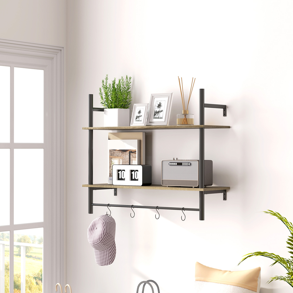 Portland 2 Tier Grey Wall Shelf Unit with 4 Hooks Image 2