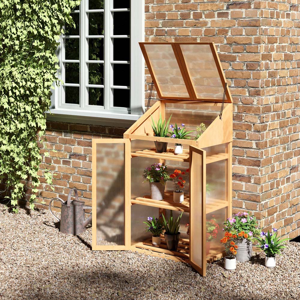 Outsunny 3 Shelf Brown Wooden Polycarbonate 2.2 x 1.6ft Cold Frame Greenhouse Image 2