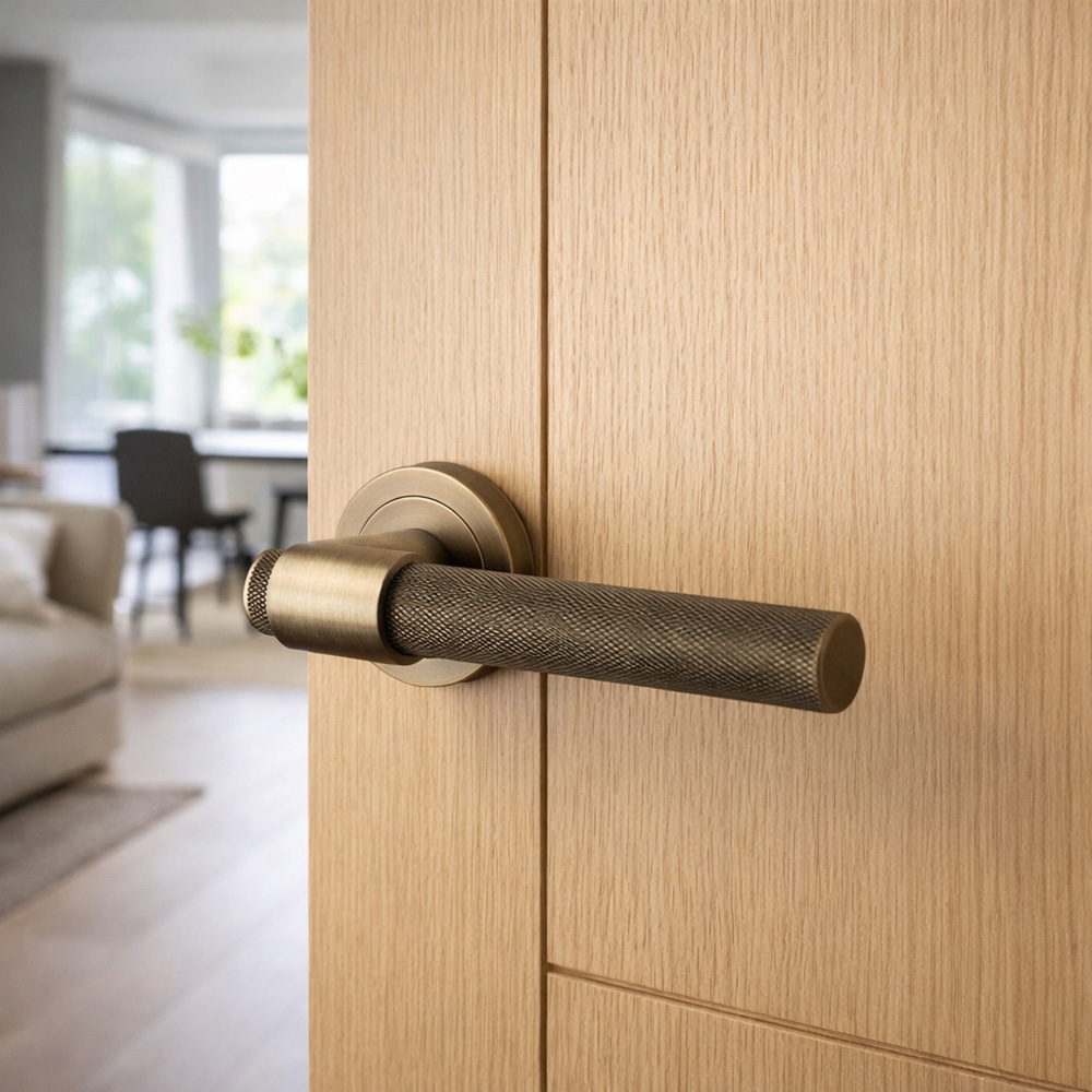 AXS Hardware Dakota Antique Brass Knurled Bathroom Door Handles on Rose 2 Pack Image 2