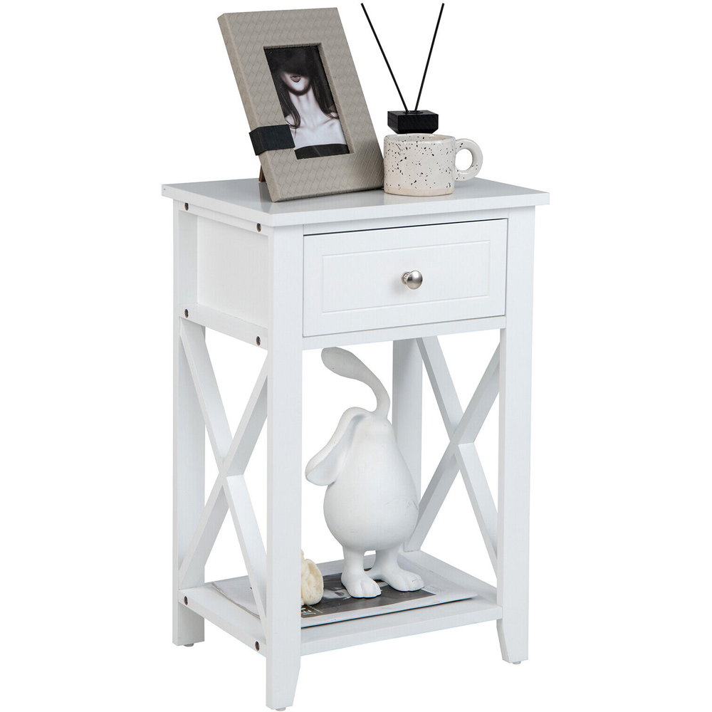 Costway Single Drawer Single Shelf White Modern X-Design Bedside Table Image 2