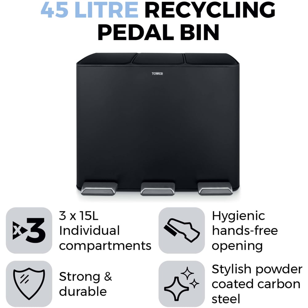 Tower Triple Recycling Black Pedal Bin 45L Image 6