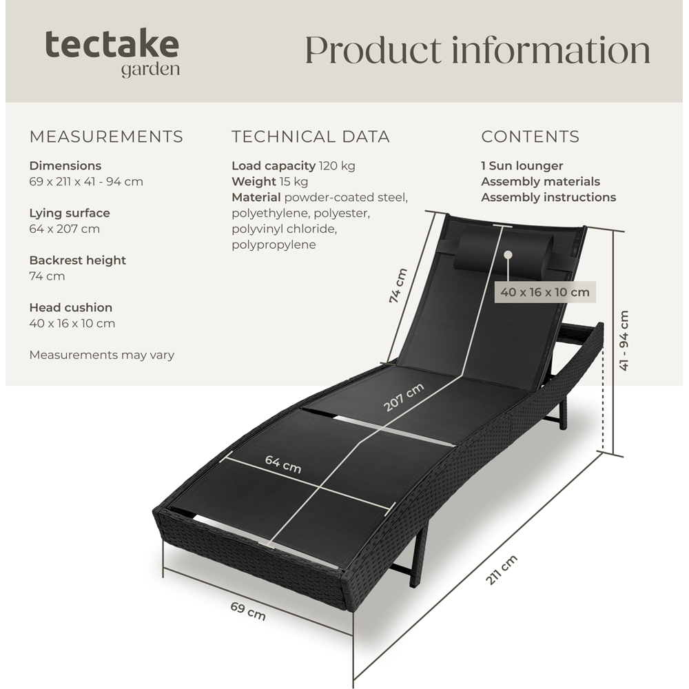 tectake Moana Black 6 Level Sun Lounger with Removable Pillow Image 9