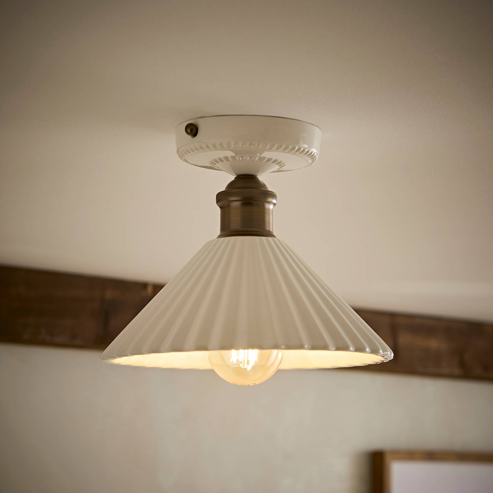 ValueLights Burford White Ribbed Ceramic Shade LED Flush Ceiling Light with Bulb Image 6